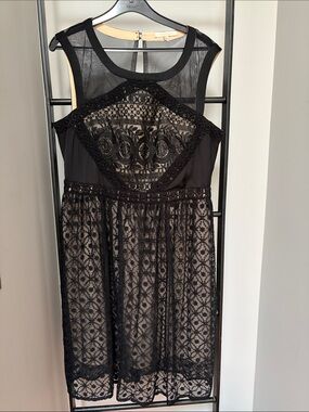 SKIES ARE BLUE  Black Lace Midi Dress with Sheer Yoke.